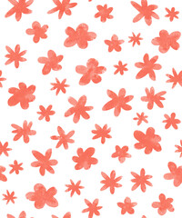 Cute Hand Drawn Floral Seamless Pattern. Red Flowers on a White Background. White-red Floral Wallpaper. Delicate Floral Repeatable Print Made Of Red Wildflowers. Abstract Blooming Garden.	
