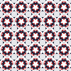 Red and blue flowers with geometric elements, seamless pattern