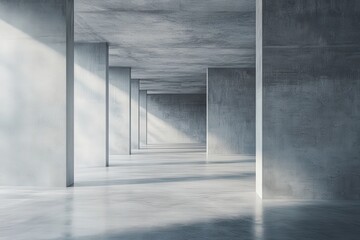 Fototapeta premium A vast empty concrete hallway featuring supportive columns and a ceiling
