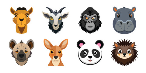 A funny cartoon vector set of animal heads includes a cat, dog, fox, bear, rabbit, pig, tiger, cow, and lion illustration