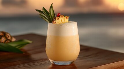 a drink with a pineapple garnish on a table