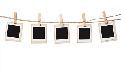 Four picture frames are beautifully hanging on a clothes line
