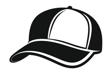 Black baseball cap with white trim is presented in a minimalist flat vector