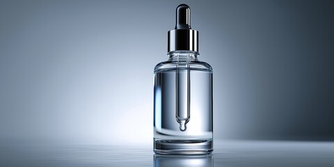 A clear bottle with a silver top sits on a table. The bottle is filled with a clear liquid, and the top is closed. The bottle appears to be a perfume bottle, and the table is made of wood