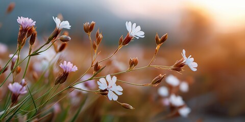 A field of flowers with a beautiful sunset in the background. The flowers are white and the sky is orange