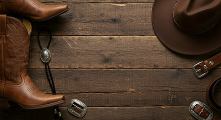 Authentic Western Cowboy Boots Hat and Belt Rustic Wood Background Stock Photo