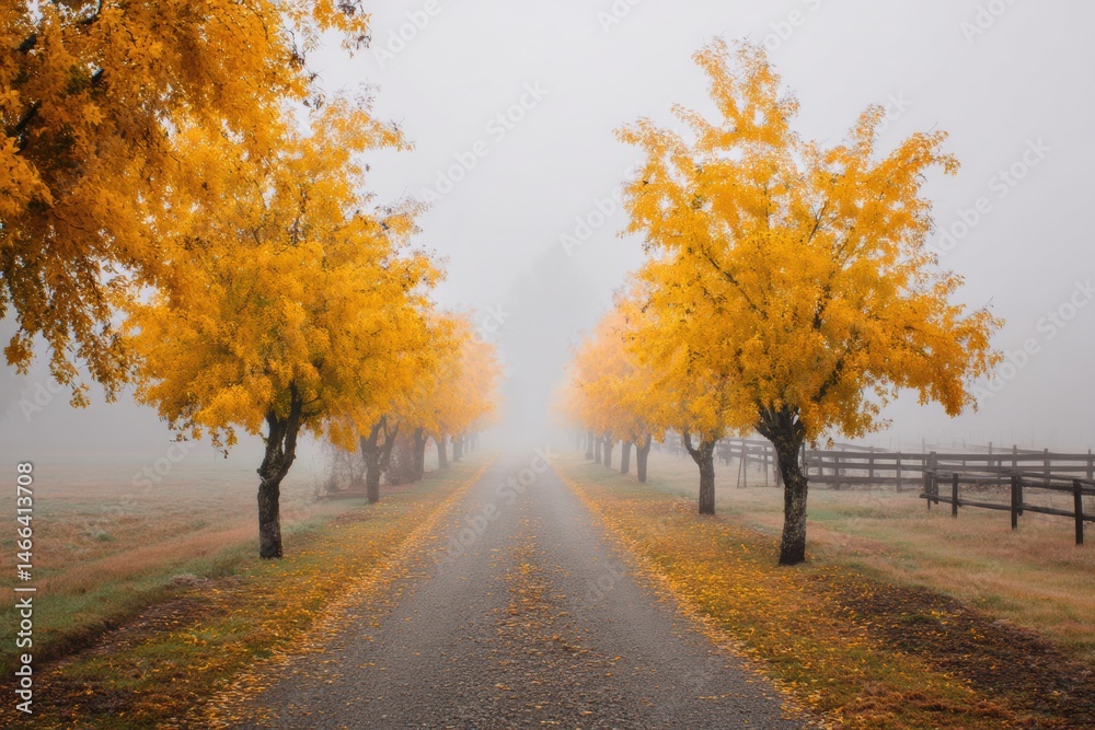 Poster foggy pathway lined with golden trees creates a serene autumn atmosphere in the countryside generati