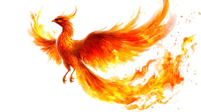 A mythical phoenix perched proudly, flames cascading from its wings and tail, isolated on white background