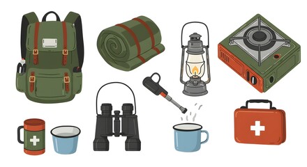 Camping Gear Illustration Backpack Tent and Lantern