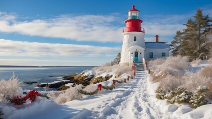 Snow-covered lighthouse in Maine decorated with holiday garlands under a cold blue sky (