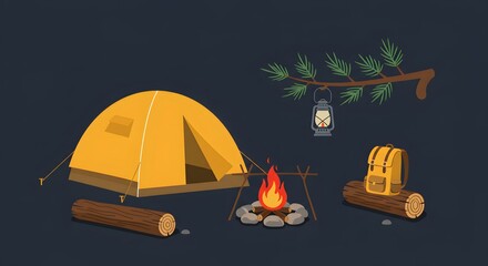 Camping Scene with Tent, Fire, and Backpack Illustration