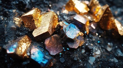 Macro shot reveals golden and blue pyrite crystals embedded in a dark, rocky matrix