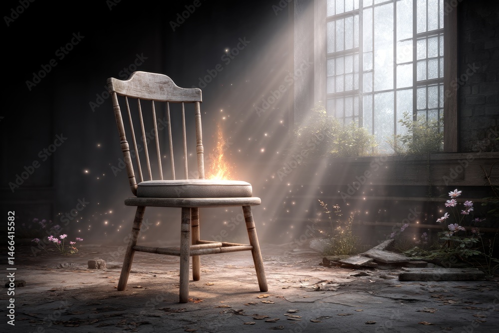Aufkleber a blazing flame over an empty wooden chair with light beaming through window