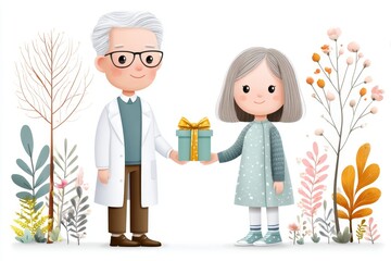 A clean cartoon scene of doctor receiving gift box from smiling child patient