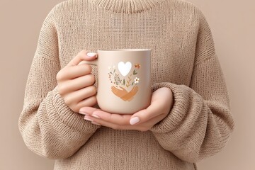 A close-up of a hand holding a mug with supportive hands artwork and heart icon