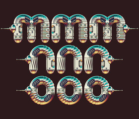 3d render of chrome letters made of vintage robot parts