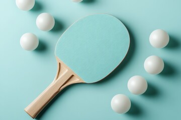 Light blue ping pong paddle and balls on matching background