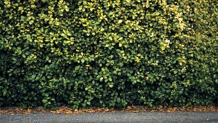 Lush green hedge wall, dense foliage, ground view