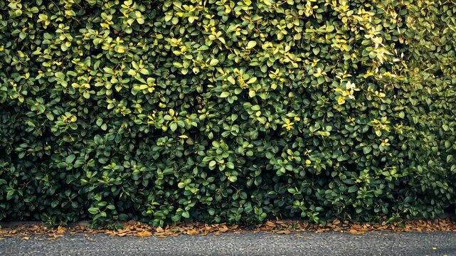 Lush green hedge wall, dense foliage, ground view