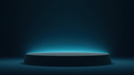 3d rendering of a round platform or podium in the middle of a dark room. the platform is black and appears to be made of a smooth, circular material.