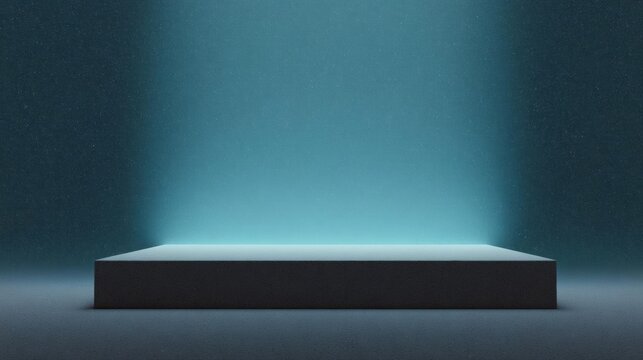 Dark blue background with a rectangular platform in the center. the platform is empty and appears to be made of a dark material, possibly concrete or stone.