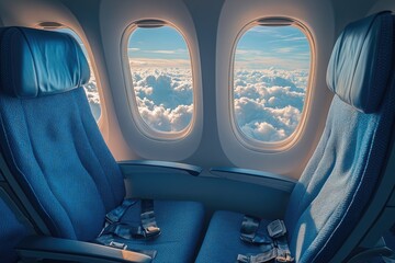 Fototapeta premium Passenger airplane seats with stunning cloud views.