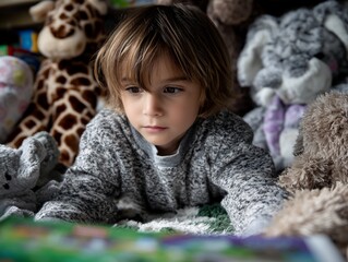 Child engrossed in book surrounded by plush toys