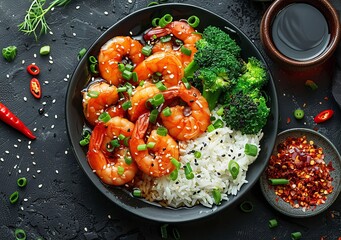 Delicious Asian Inspired Shrimp Dish with Rice and Broccoli and Fresh Herbs