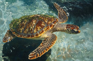 A high-resolution underwater shot of a sea turtle gliding through crystal-clear waters
