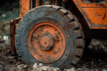 Dirty orange construction vehicle tire