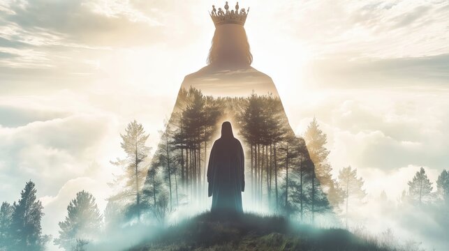 A divine figure walks through a forest bathed in light, revealing the silhouette of a crowned King above—a powerful symbol of Christ the King and His eternal reign.