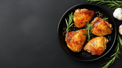 chicken legs with rosemary and garlic on a black plate