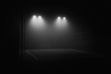 Empty soccer field at night, lit by spotlights