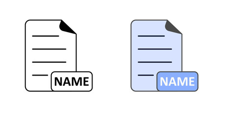Setting file naming conventions icon – document with a visible name tag, representing organized labeling, digital file standards, and structured document management.