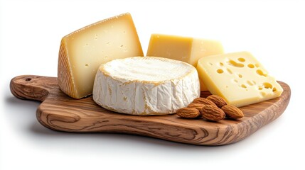 cheese and nuts on a wooden board