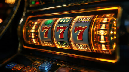 Digital slot machine with number 7 flashing, surrounded by sparkling effects and neon lights 