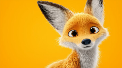 cyber animal Cartoon Fox Character Looking Curious on Yellow Background