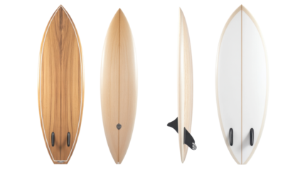 Collection of Surfboards on Transparent Background Featuring Wooden Oak and White Designs