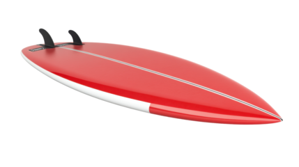 Red Surfboard with Black Fins on Transparent Background Perfect for Beach and Water Sports Photography