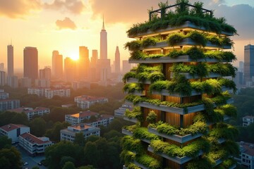 Obraz premium Visionary Urban Vertical Farm Tower at Golden Hour