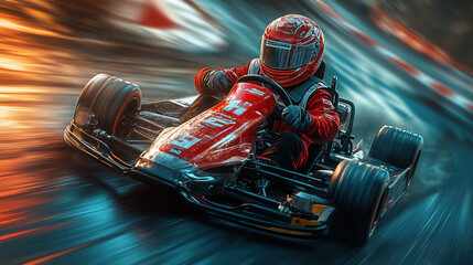 Obraz premium Teenager in red racing suit driving go-kart on vibrant race track 