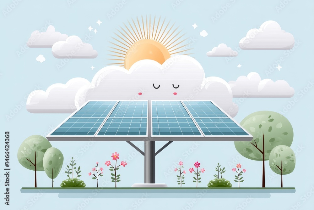 Aufkleber A soft flat design of a solar panel with a glowing sun above and clean lines beneath