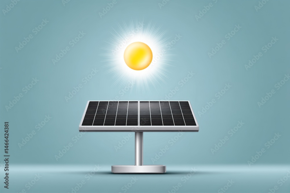 Poster A soft flat design of a solar panel with a glowing sun above and clean lines beneath