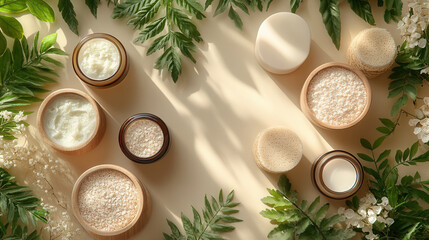 aesthetic clean beauty product arrangement on beige backdrop with copy space 