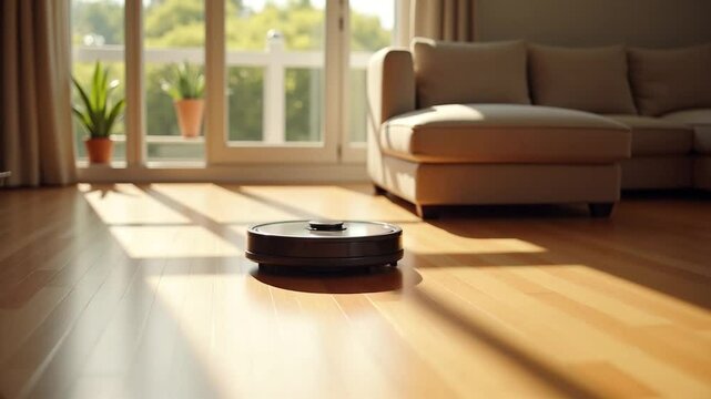 Robot vacuum cleaner cleaning a modern living room  