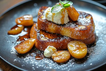 Delicious French toast with caramelized pears and creamy ricotta topping