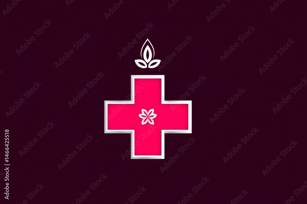 Poster Abstract minimalist cross with small fire element above in simple line design