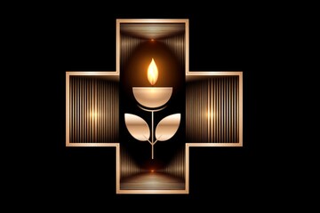 Abstract minimalist cross with small fire element above in simple line design