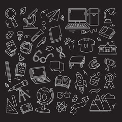 Back to school doodle elements. Vector illustration in line with black background