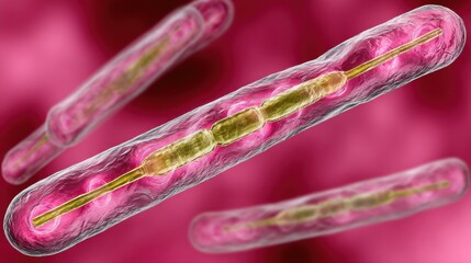 Microscopic view of Bacillus subtilis bacteria cells dividing and multiplying